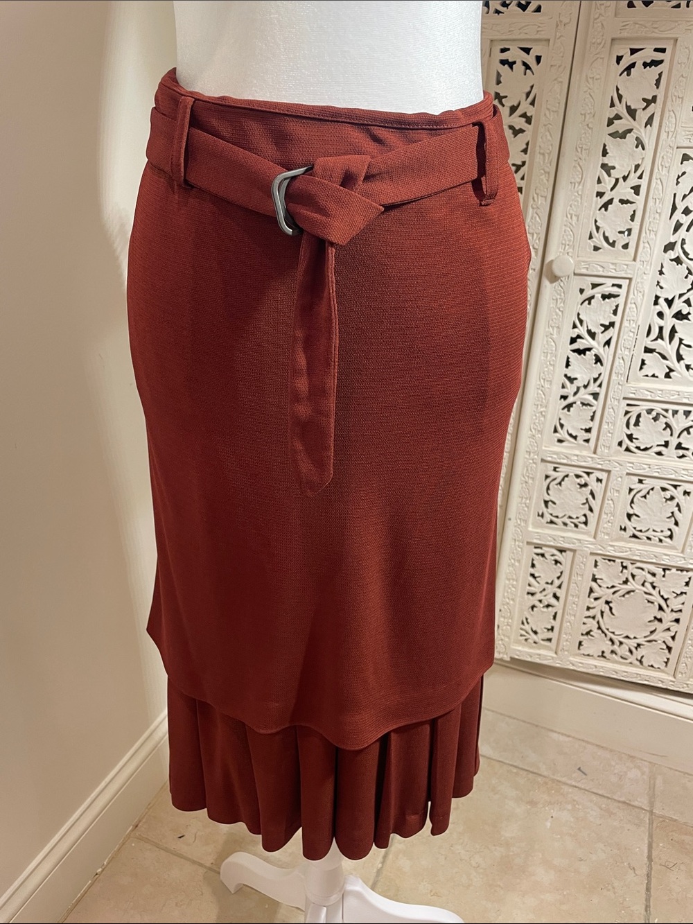 Vintage Jean Paul Gaultier Rust Red Layered Midi Skirt with Belt
